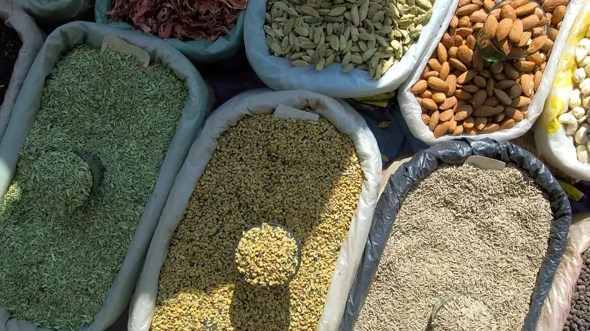 Spices, seeds and nuts on sale at a market in Darjeeling
