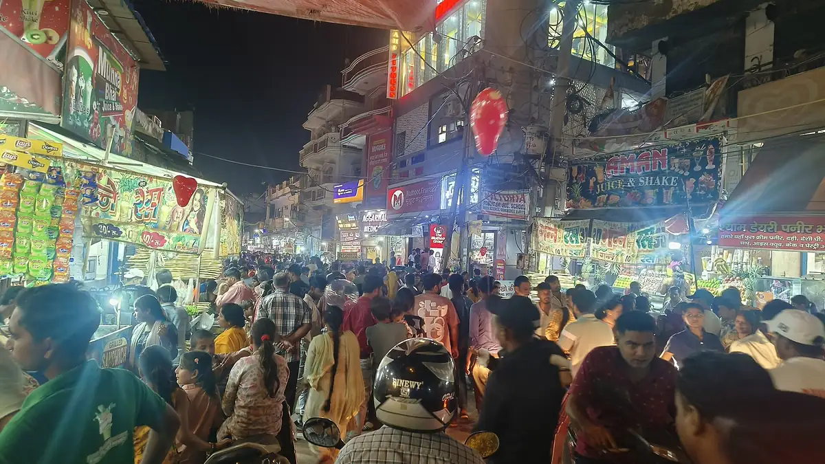 A crowded market street during Navratri